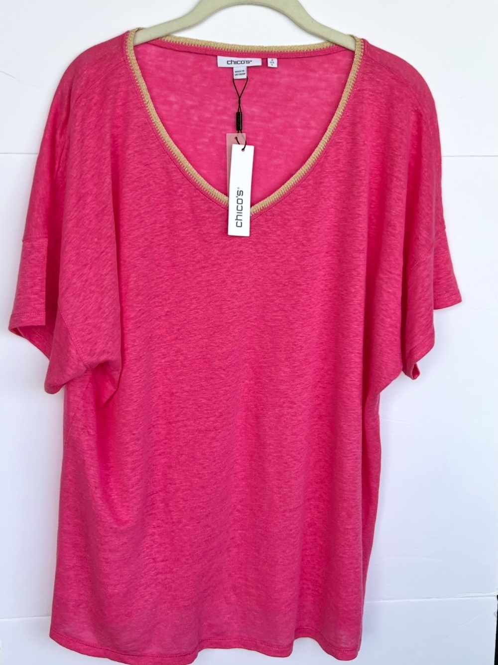 Chico's Hot Pink V-Neck Short Sleeve Top with Gold Trim neckline size 2 - L